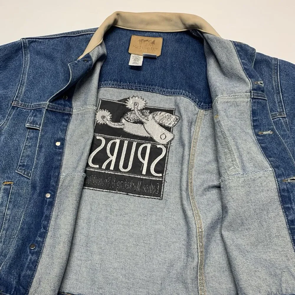 Schaefer Outfitter Legend Denim Jacket Made In USA Men Sz XL Custom Logo SPRUS